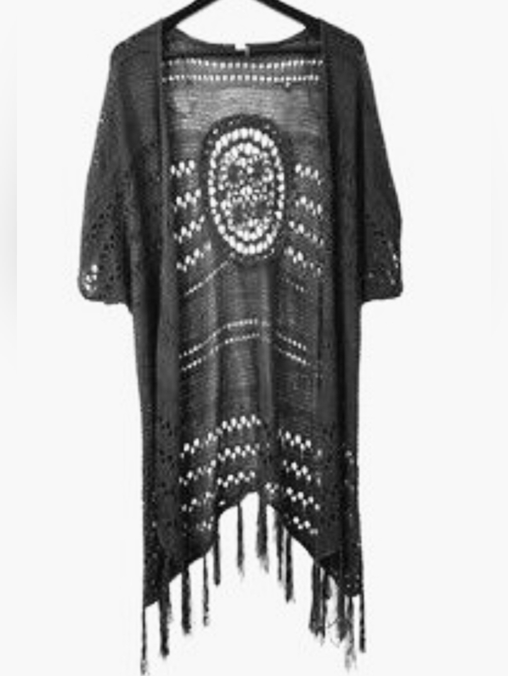 Rock & Roll Cowgirl Black Crochet Fringe Open-Front Kimono